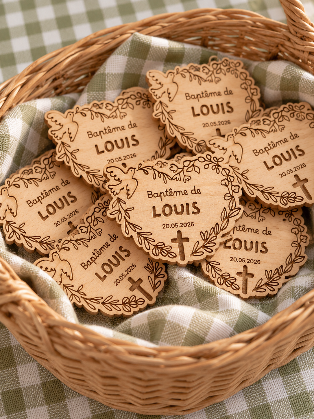 Magnet de baptême en bois personnalisé – Cœur colombe & feuillage Atelier MFK