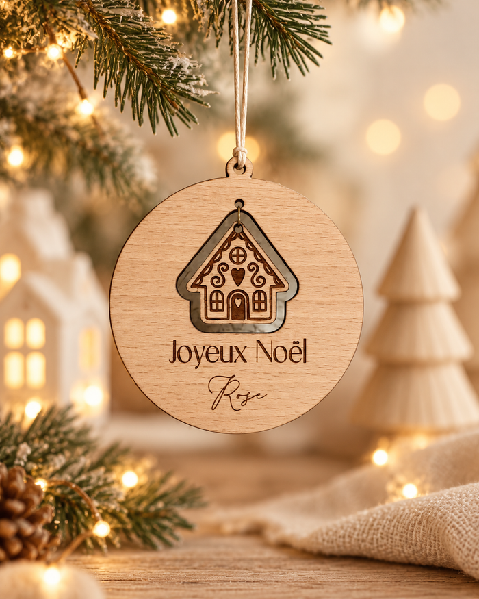Boule de Noël Personnalisée "Maison" en Bois Gravé Prénom Atelier MFK