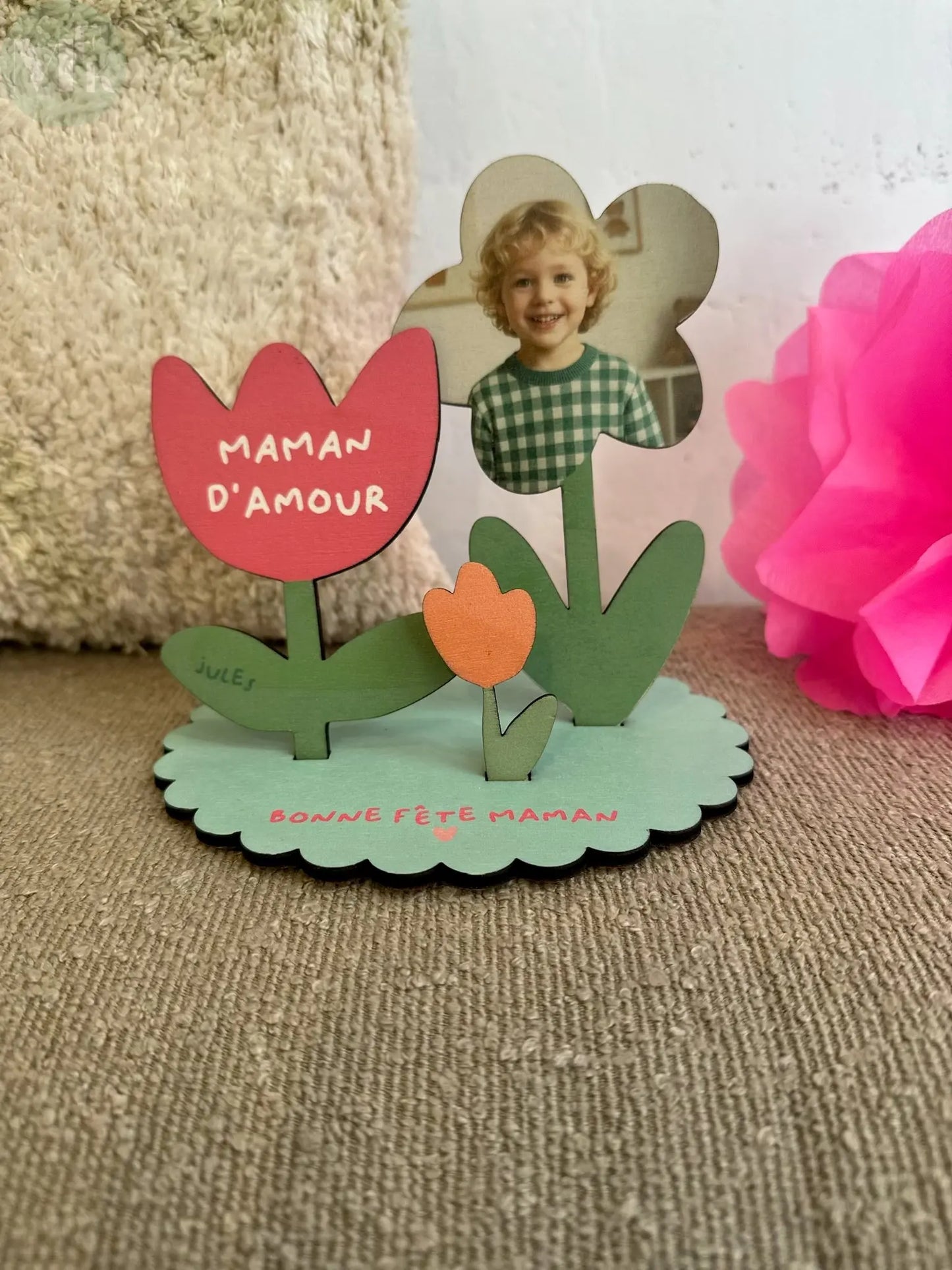 Cadeau Fête des Mères personnalisé – Fleurs en bois avec photo et message Atelier MFK