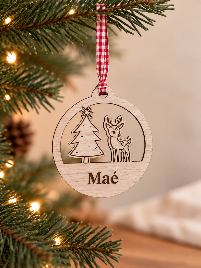 Boule de Noël Faon et Sapin Personnalisée – Prénom Gravé en Bois Atelier MFK