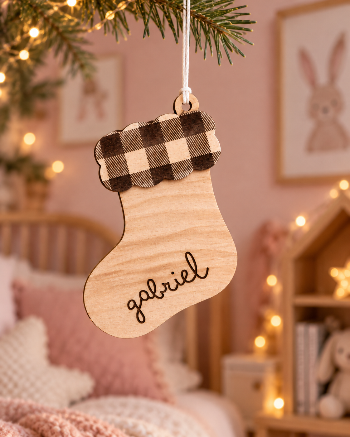 Boule de Noël Chaussette Personnalisée – Prénom Gravé en Bois