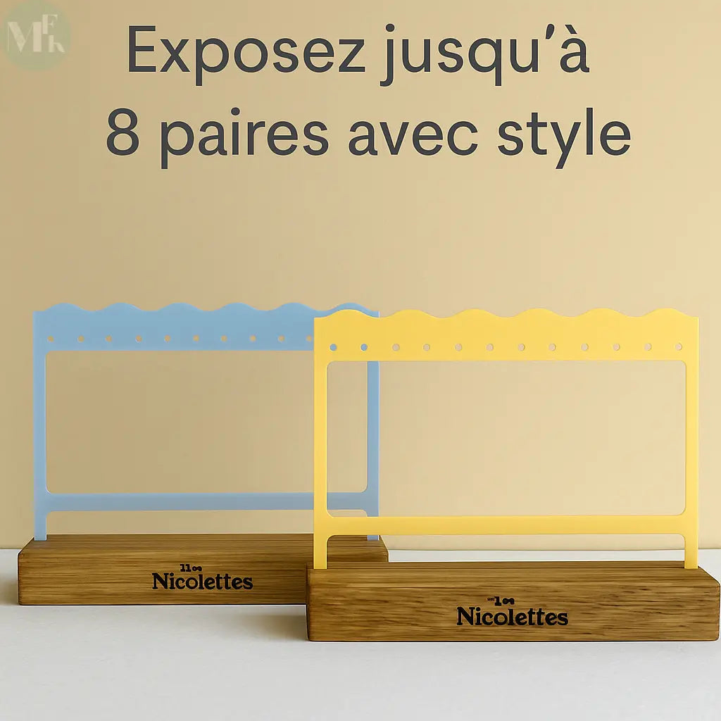 Présentoir Boucles d’Oreilles Minimaliste – Support Bijoux 8 Paires | Gravure Logo | Bois & Acrylique Coloré Atelier MFK