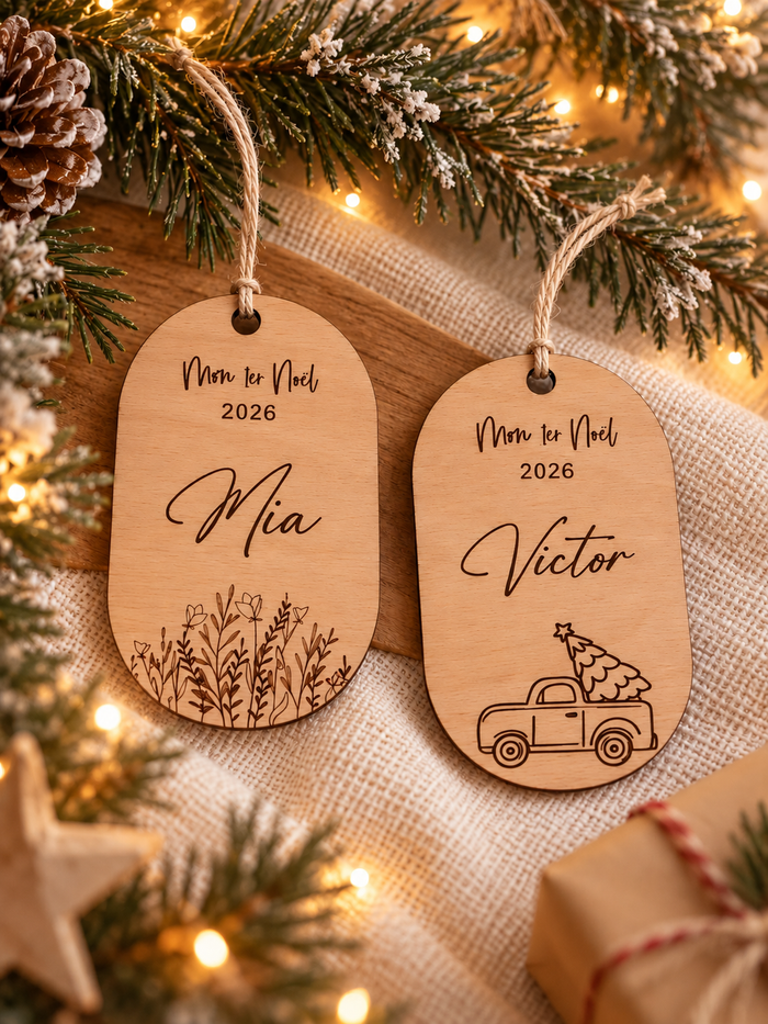 Boule de Noël Personnalisée "Mon Premier Noël" en Bois Gravé Atelier MFK