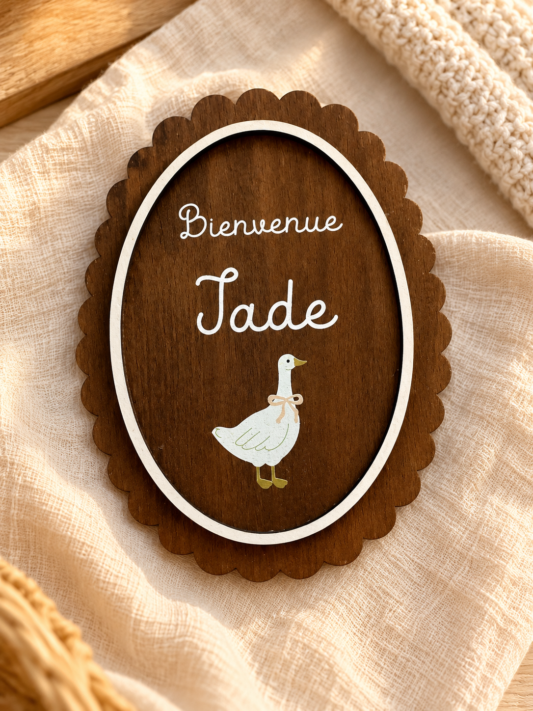 Carte de Bienvenue Bébé Personnalisée en Bois – Oie, Prénom Imprimé