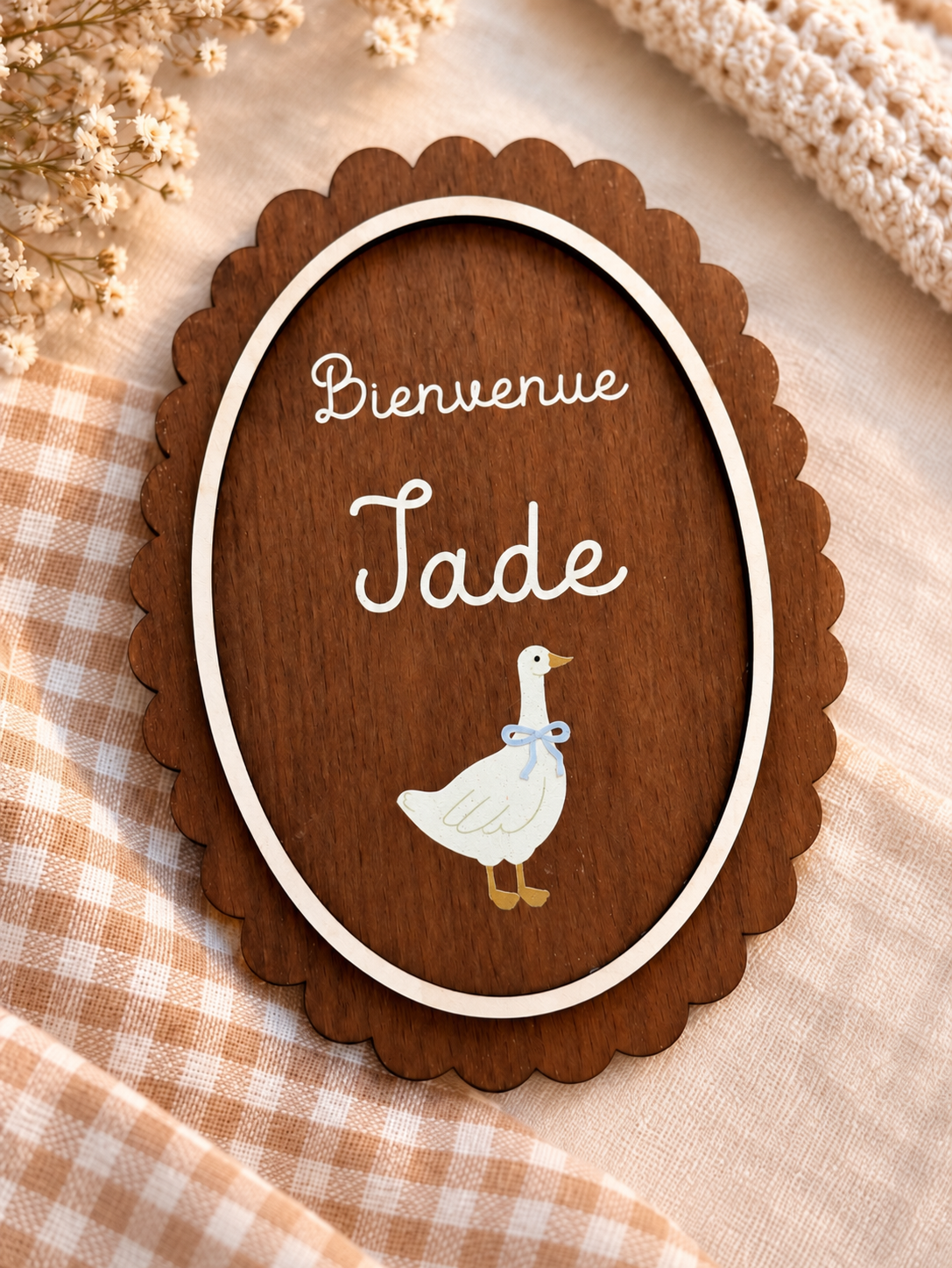 Carte de Bienvenue Bébé Personnalisée en Bois – Oie, Prénom Imprimé