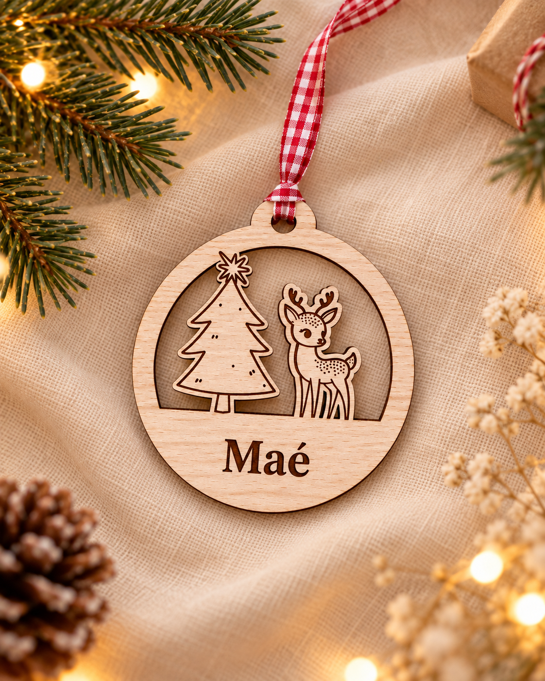 Boule de Noël Faon et Sapin Personnalisée – Prénom Gravé en Bois Atelier MFK