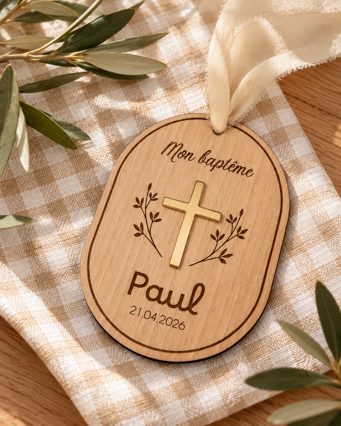 Suspension Cadeau de Baptême Personnalisée en Bois – Prénom & Date, Croix Dorée Atelier MFK
