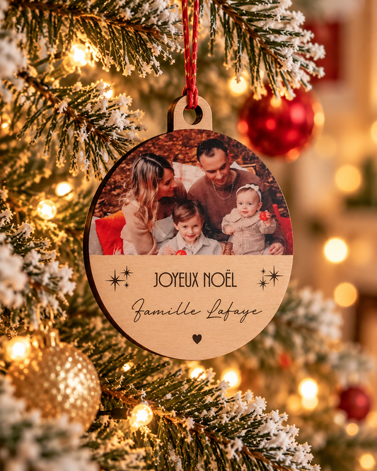 Boule de Noël Personnalisée Photo en Bois – Cadeau Souvenir Atelier MFK