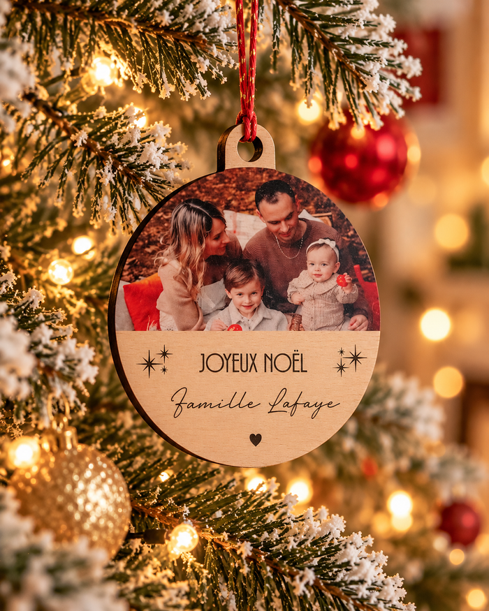 Boule de Noël Personnalisée Photo en Bois – Cadeau Souvenir Atelier MFK