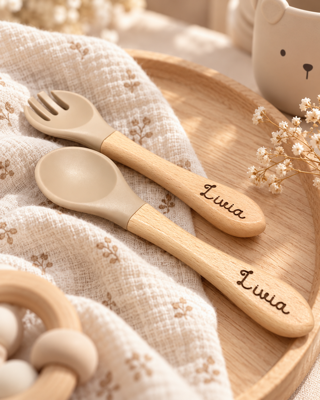 Couverts Bébé Personnalisés en Bois et Silicone – Cadeau Naissance Atelier MFK