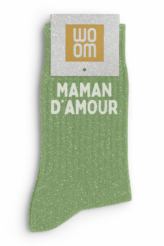 Chaussettes à paillettes "Maman d'Amour" - Vert Amande