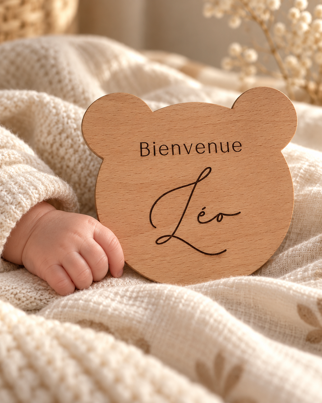 Carte de Bienvenue Ours Personnalisée en Bois – Cadeau Naissance Atelier MFK