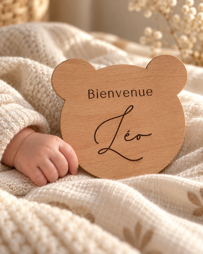 Carte de Bienvenue Ours Personnalisée en Bois – Cadeau Naissance Atelier MFK