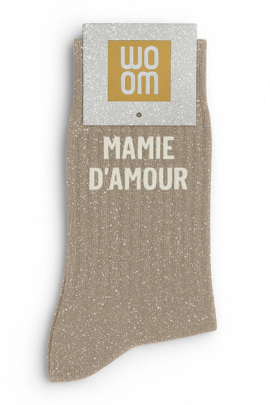 Chaussettes à paillettes "Mamie d'Amour" - Beige