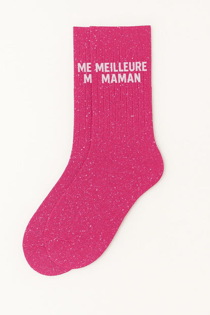 Chaussettes à paillettes "Meilleure Maman" - Fuchsia