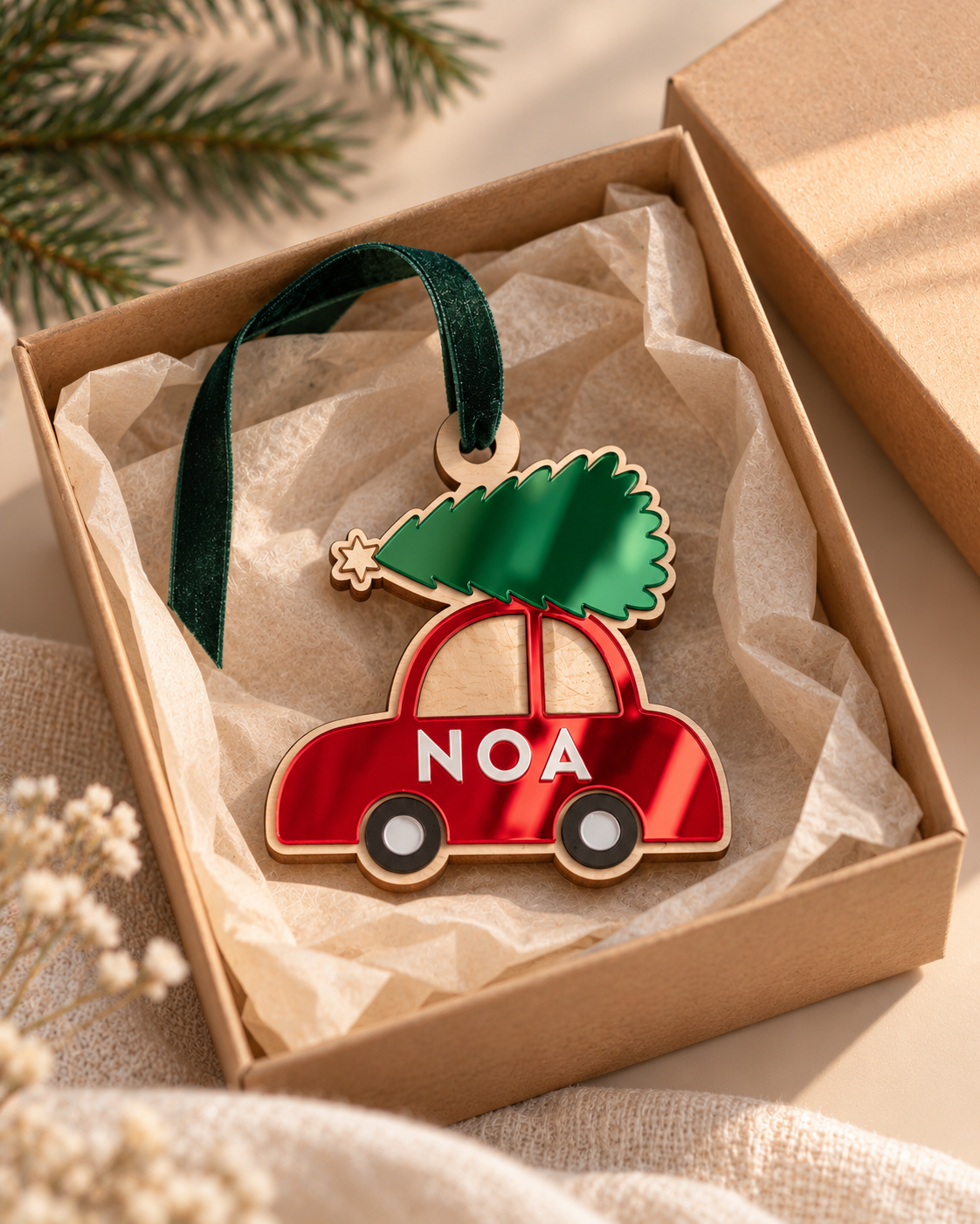Boule de Noël Personnalisée Prénom en Bois – Motif Voiturette et Sapin Atelier MFK