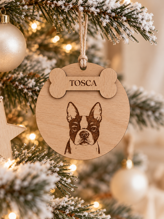 Boule de Noël Personnalisée Chien en Bois – Prénom de l'Animal Gravé Atelier MFK