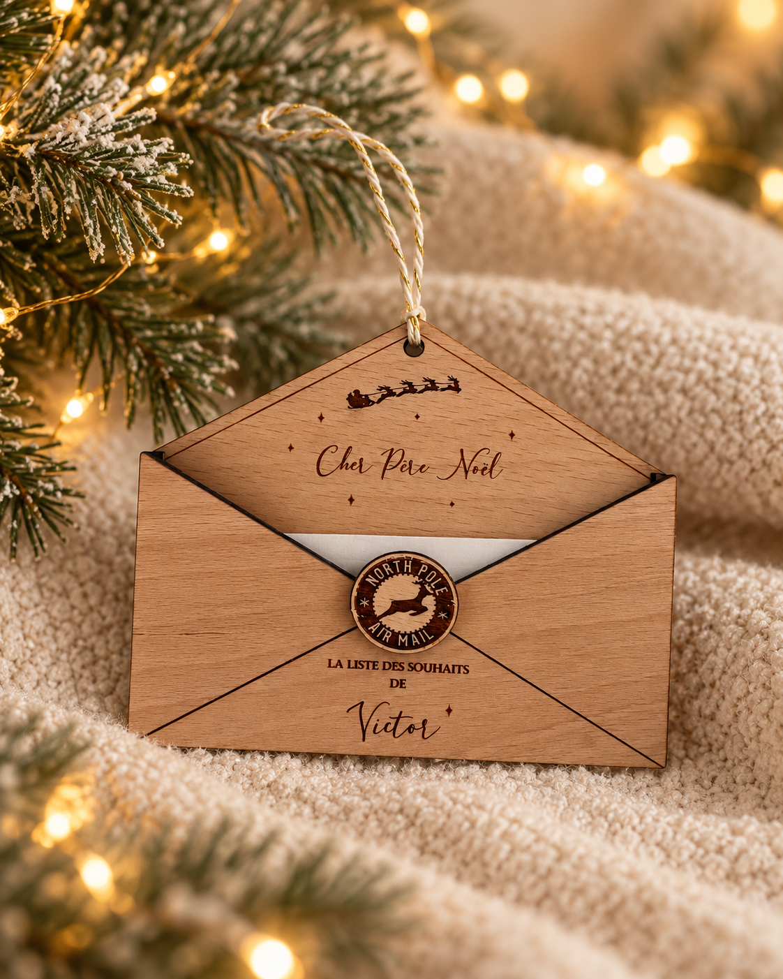 Décoration de Sapin "Lettre au Père Noël" en Bois Gravé Atelier MFK