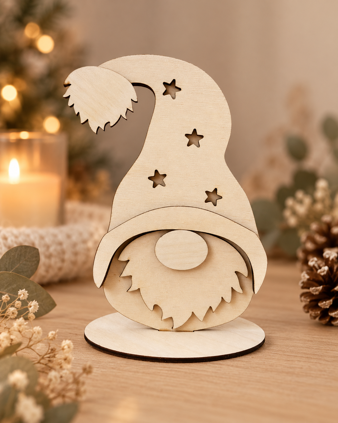 Gnome de Noël en Bois Fait Main – Décoration Sapin et Table de Noël Atelier MFK