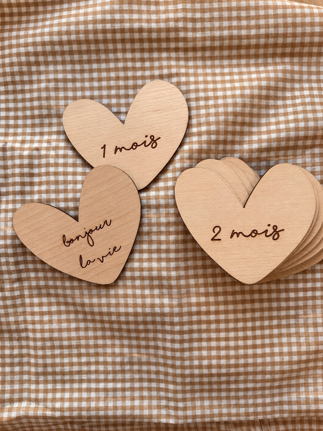 Cartes Étapes Bébé « Cœur » 12 Mois en Bois + Carte « Bonjour la vie » – Souvenir Naissance