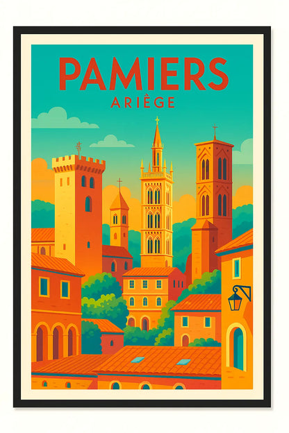 Affiche bois " Les 3 clochers - Pamiers " Atelier MFK