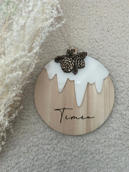 Boule de Noël personnalisée gravée bois ronde - édition spéciale "Noël" Atelier MFK