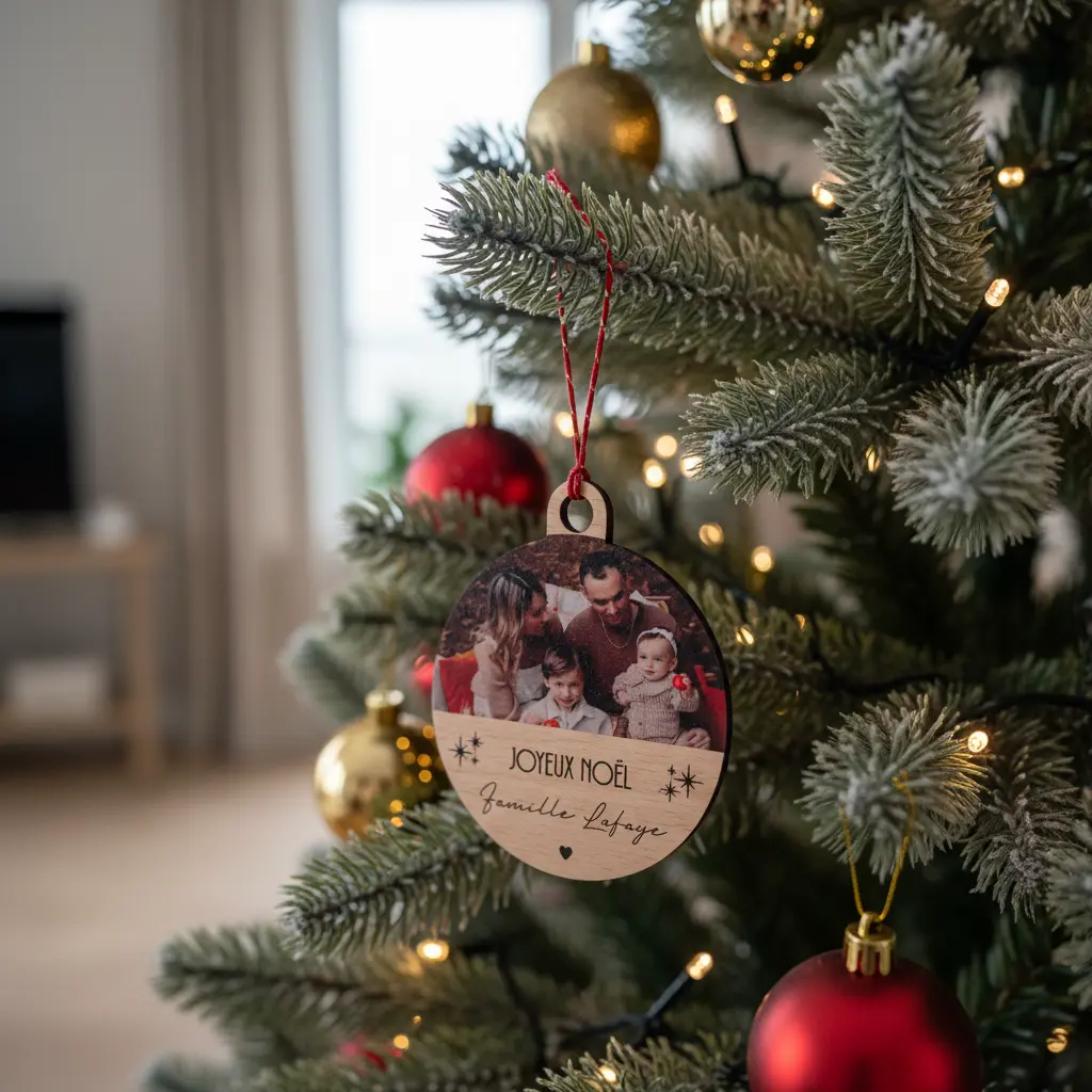 Boule de Noël personnalisée photo en bois Atelier MFK