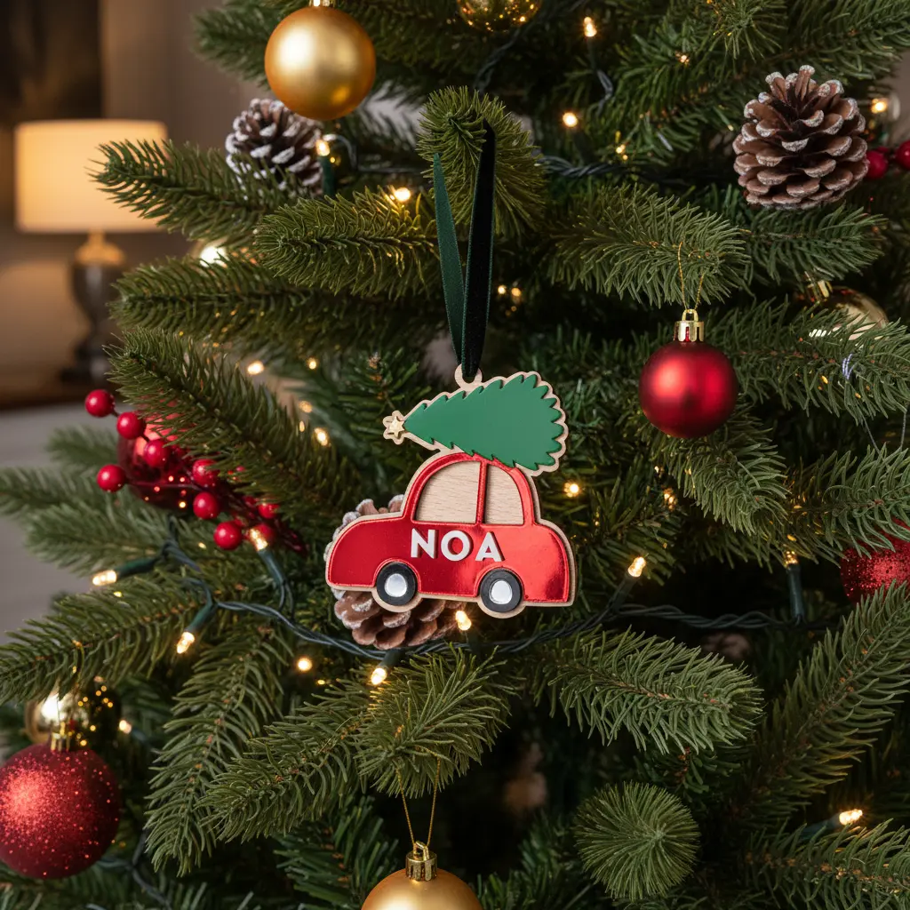 Boule de noël personnalisée, voiturette et sapin Atelier MFK