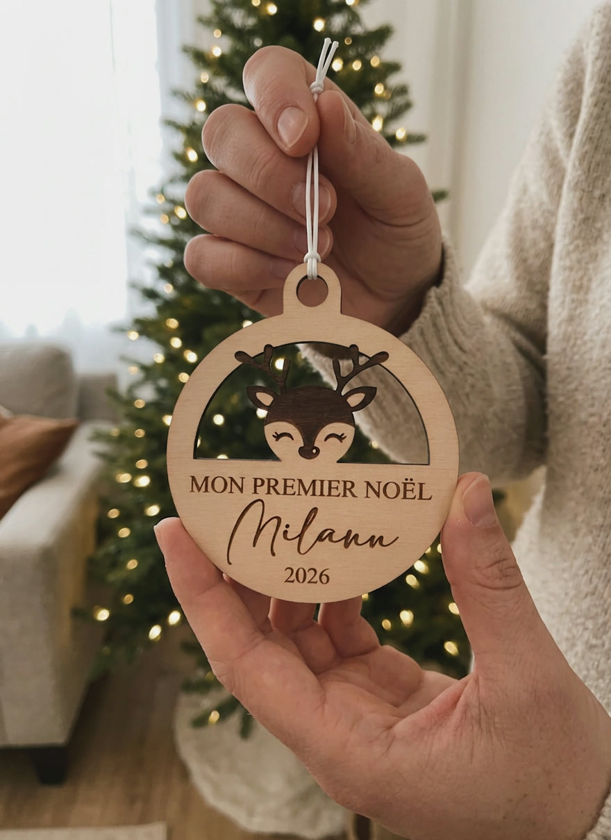 Boule de Noël Personnalisée Bébé « Mon Premier Noël » – Prénom Gravé en Bois Atelier MFK