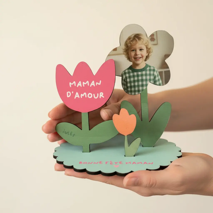 Cadeau Fête des Mères personnalisé – Fleurs en bois avec photo et message Atelier MFK