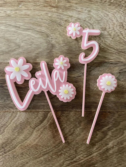 Cake topper fleurs, décor pour gateaux anniversaire, baptême