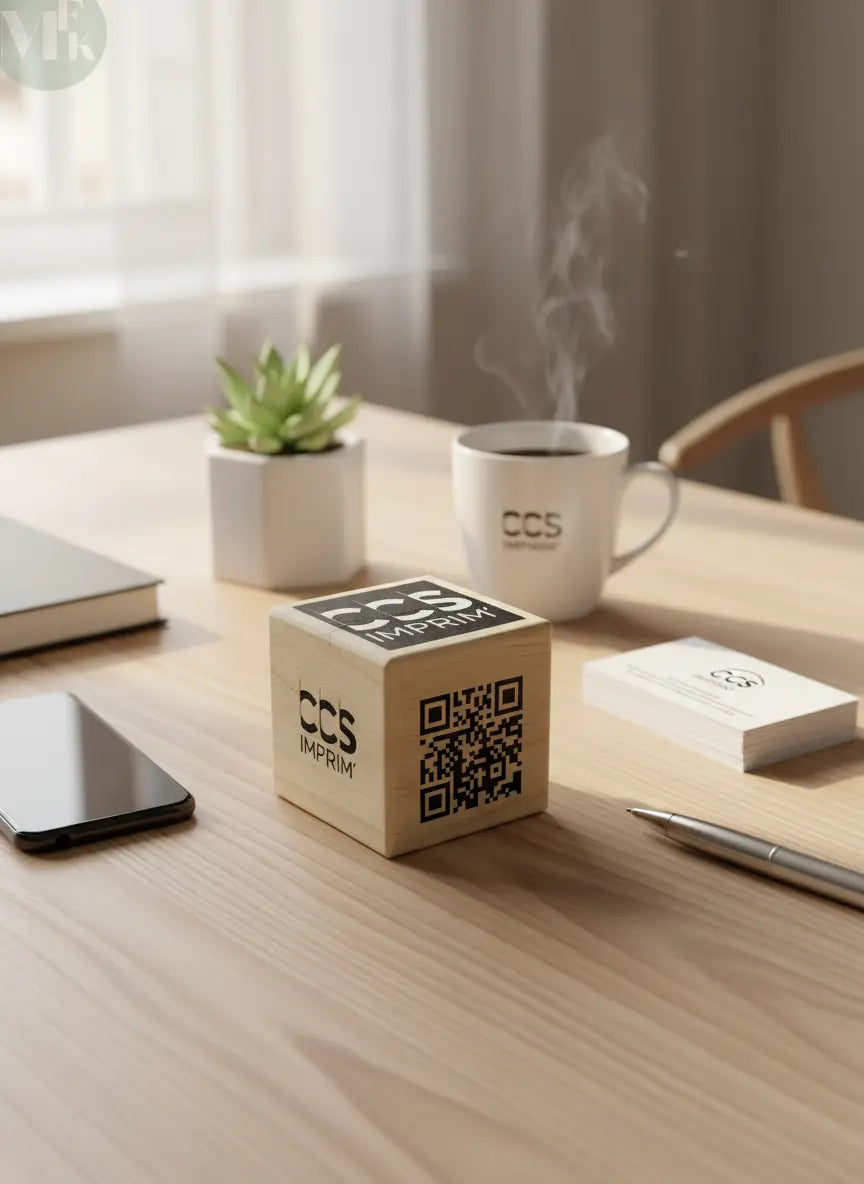 Cube en bois personalisé publicitaire imprimé (Wifi,Fonction,QR code) Atelier MFK