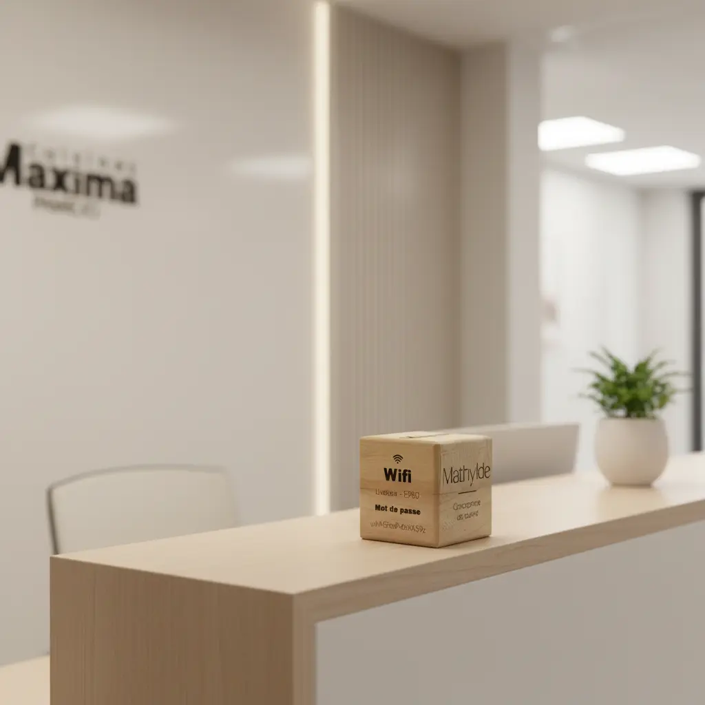 Cube en bois personnalisé publicitaire gravé (Wifi,Fonction,QR code) Atelier MFK