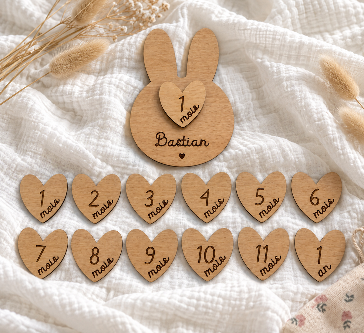 Cartes Étapes Bébé Lapin Personnalisées – 12 Mois en Bois Gravé Atelier MFK