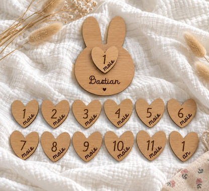 Cartes Étapes Bébé Lapin Personnalisées – 12 Mois en Bois Gravé Atelier MFK
