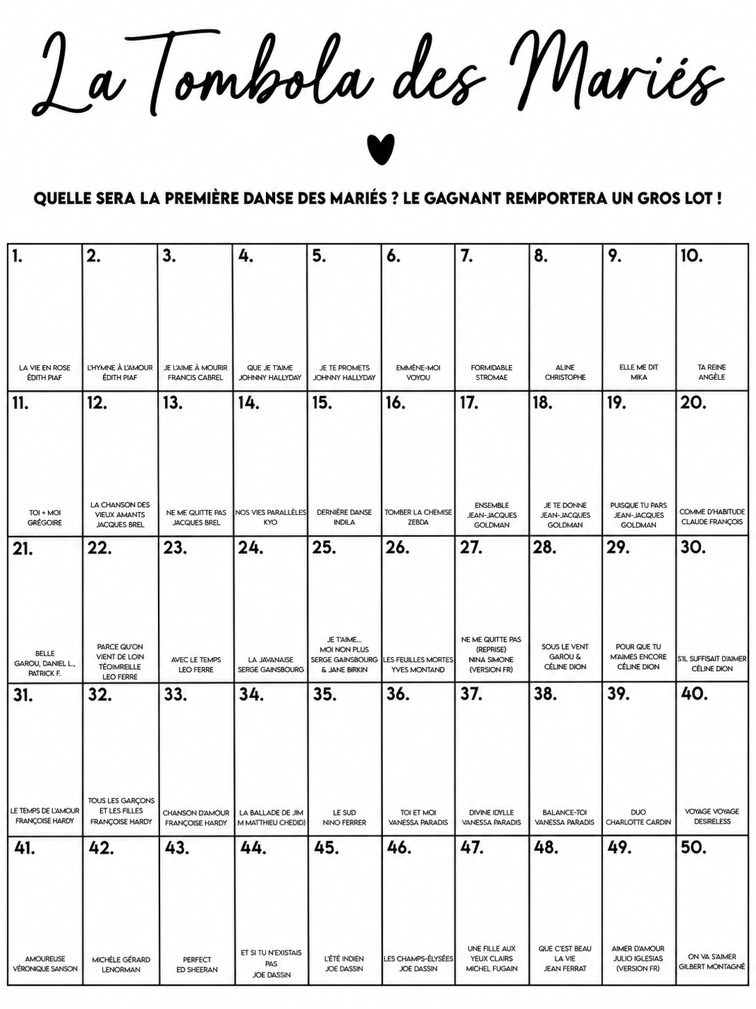 Tableau Tombola des Mariés – Jeu Personnalisé Animation Mariage Atelier MFK