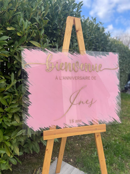 Panneau de bienvenue en plexiglas personnalisé, Fond de couleur au choix, Signalisation de mariage en acrylique,