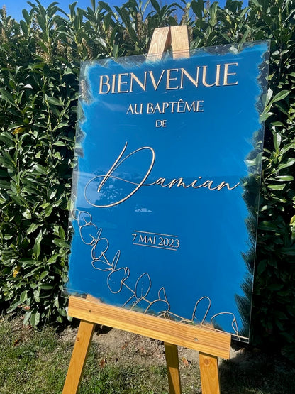 Panneau de bienvenue en plexiglas personnalisé, Fond de couleur au choix, Signalisation de mariage en acrylique,