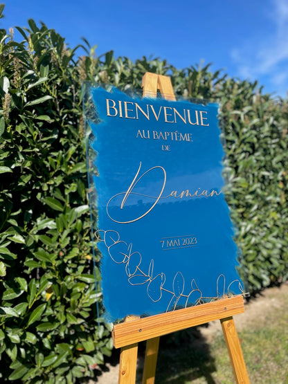 Panneau de bienvenue en plexiglas personnalisé, Fond de couleur au choix, Signalisation de mariage en acrylique,