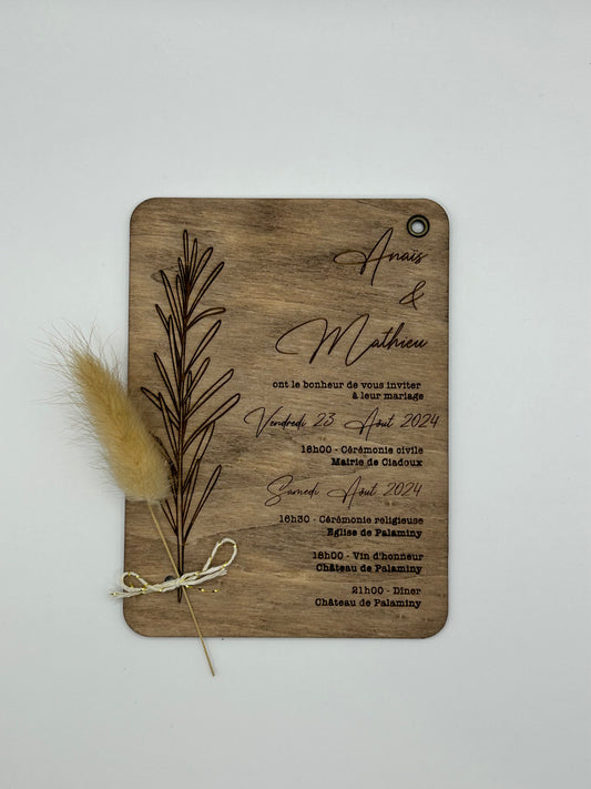 Faire part mariage en bois gravé avec coupon réponse (Magnet)