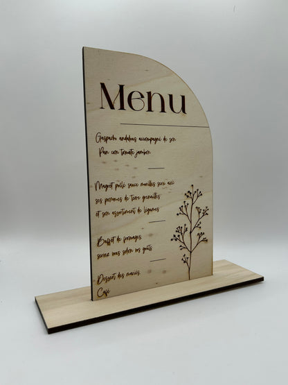 Menu de table gravé en bois personnalisable