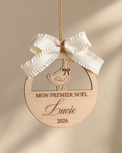 Boule de Noël personnalisée « Mon premier Noël » – Oie en bois gravé Atelier MFK