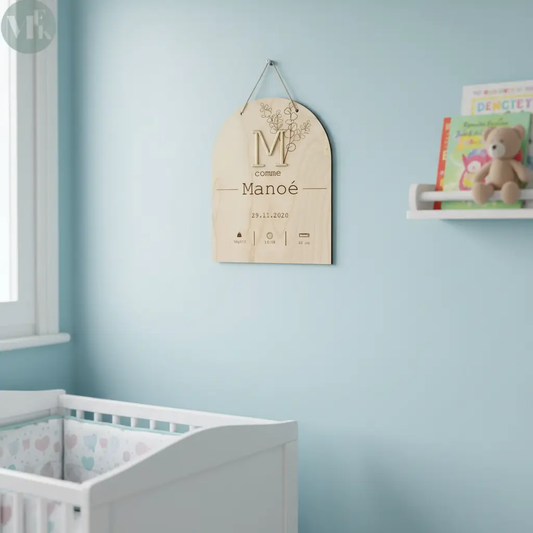 Pancarte de naissance gravée en bois My French Keyring