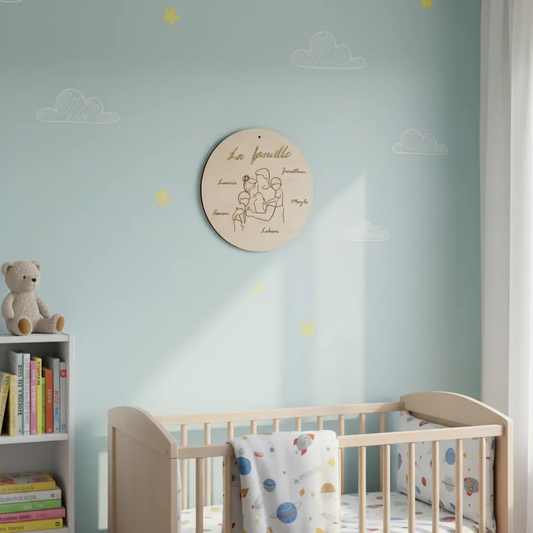 Pancarte famille en bois gravé et plexi or miroir Atelier MFK