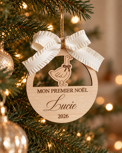 Boule de Noël personnalisée « Mon premier Noël » – Oie en bois gravé Atelier MFK