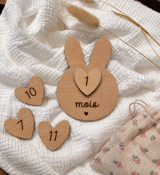 Cartes Étapes Bébé Lapin Personnalisées – 12 Mois en Bois Gravé Atelier MFK