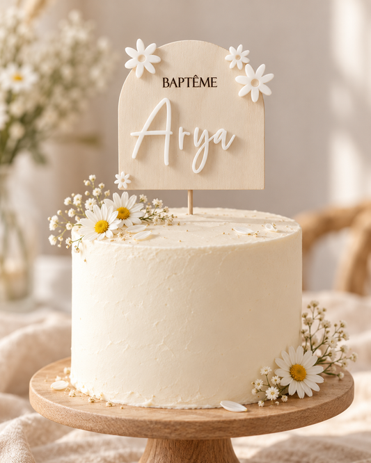 Cake Topper en Bois Gravé Motif Fleurs – Anniversaire & Baptême Atelier MFK