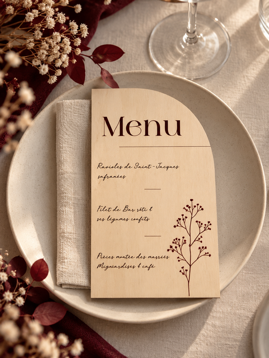 Menu de Mariage en Bois Gravé – Déco Table Mariage Atelier MFK