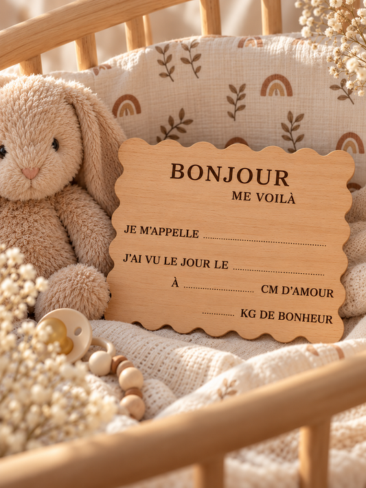 Carte Naissance Personnalisée en Bois Gravé Prénom – « Petit Biscuit », Cadeau Bébé Atelier MFK