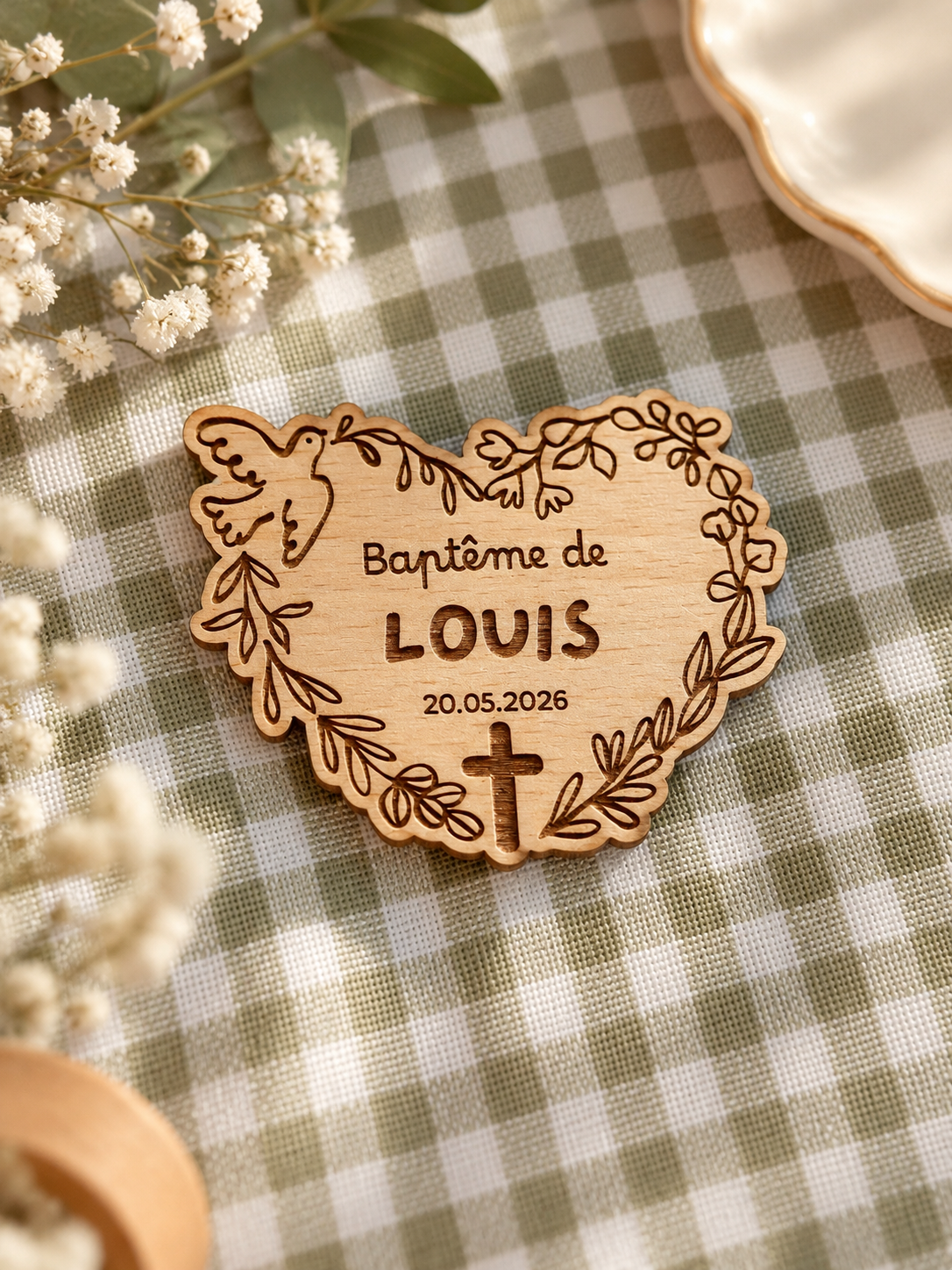 Magnet de baptême en bois personnalisé – Cœur colombe & feuillage Atelier MFK